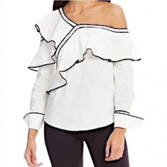 DKNY Ruffle Cut Out Off One Shoulder Top White Black Trim Medium - Picture 7 of 7